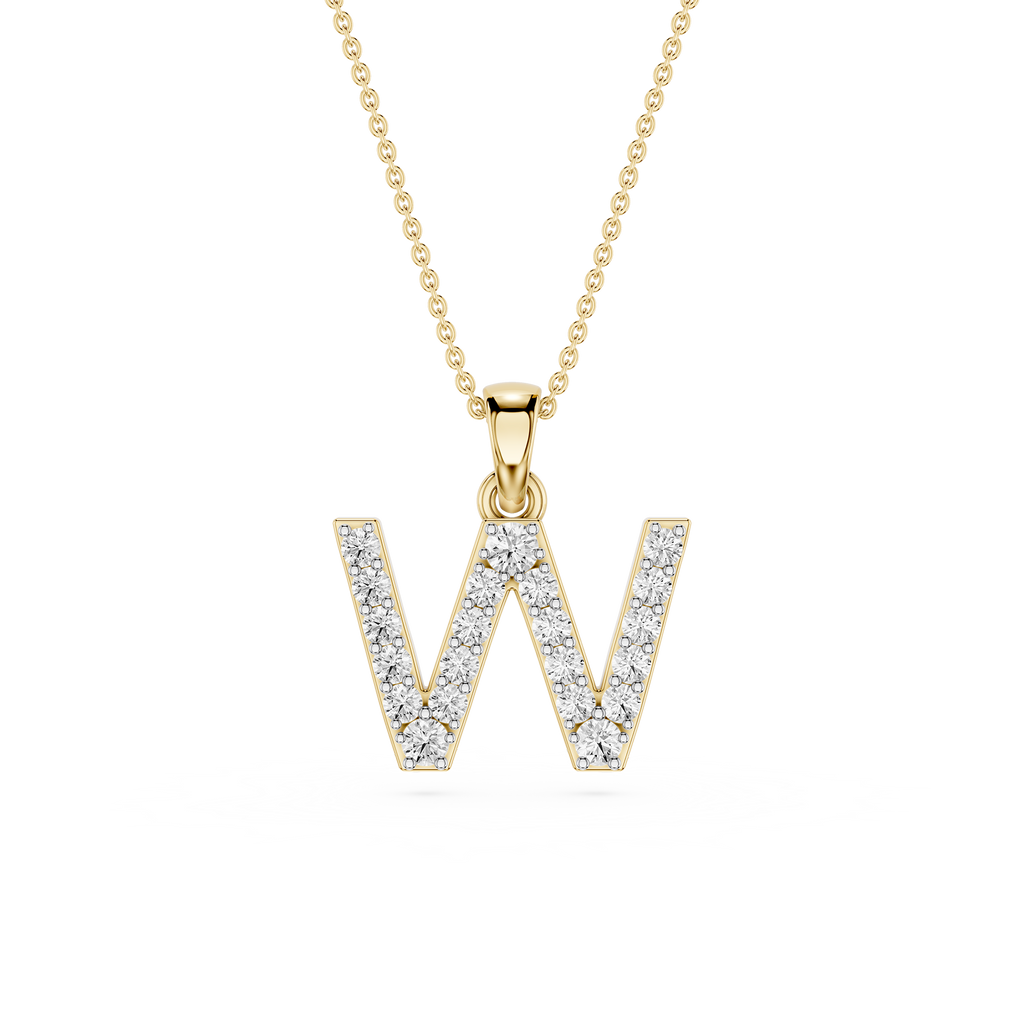 Gold necklace with a diamond-studded letter 'W' pendant on a white background
