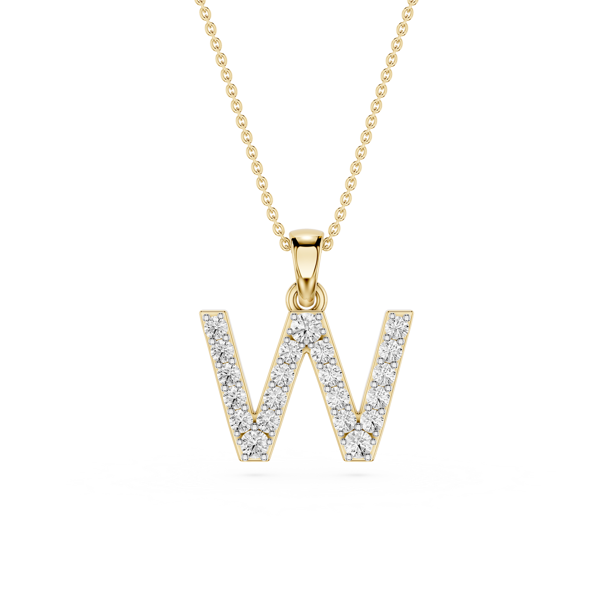 Gold necklace with a diamond-studded letter 'W' pendant on a white background