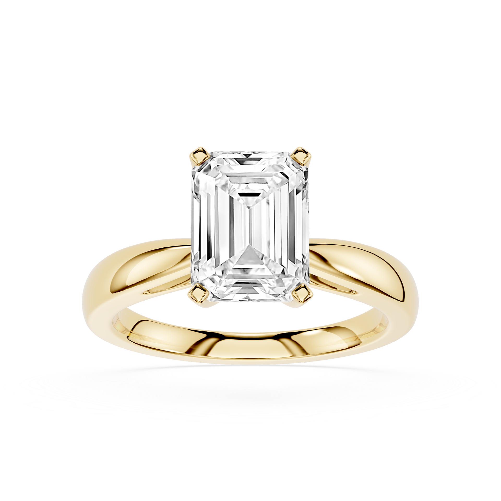 Gold ring with a large emerald-cut diamond on a white background