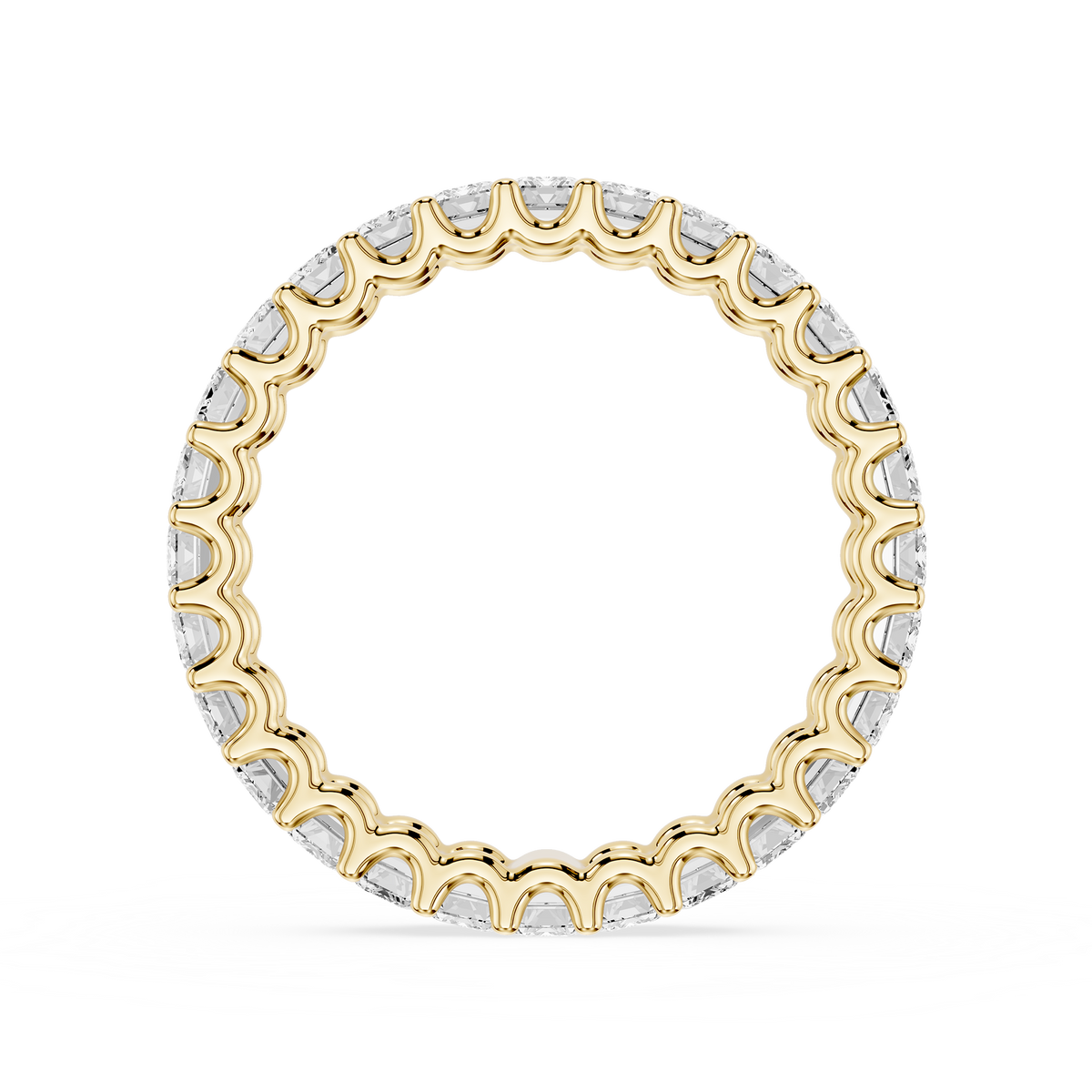A yellow-gold eternity ring for a woman, set with elongated emerald-cut lab-grown diamonds.