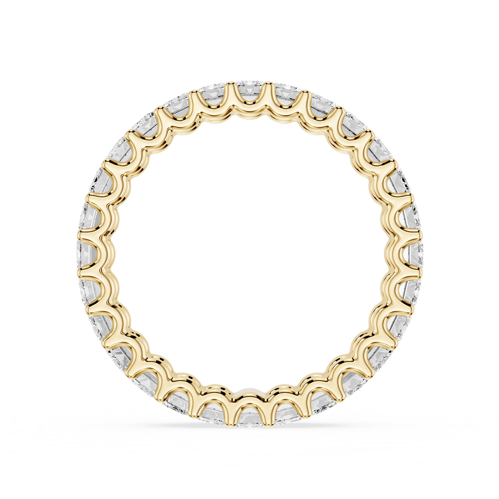 A yellow gold eternity ring featuring a continuous row of small, scalloped-cut clear gemstones, presented on a clean white background.