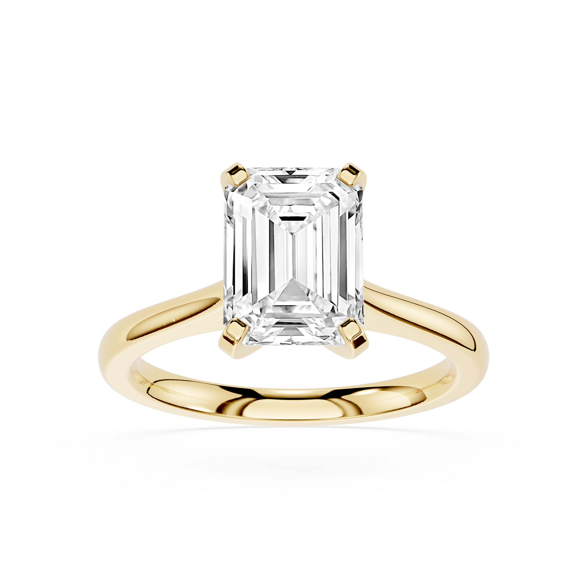 Gold ring with a large emerald-cut diamond on a white background
