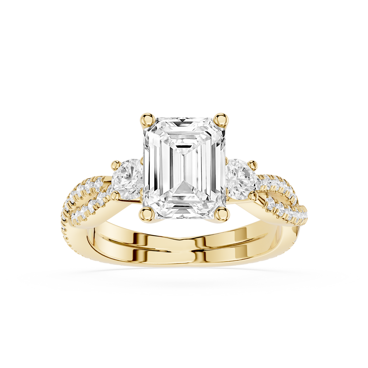 Yellow Gold Emerald Cut Three Stone Lab Diamond Split Shank Ring