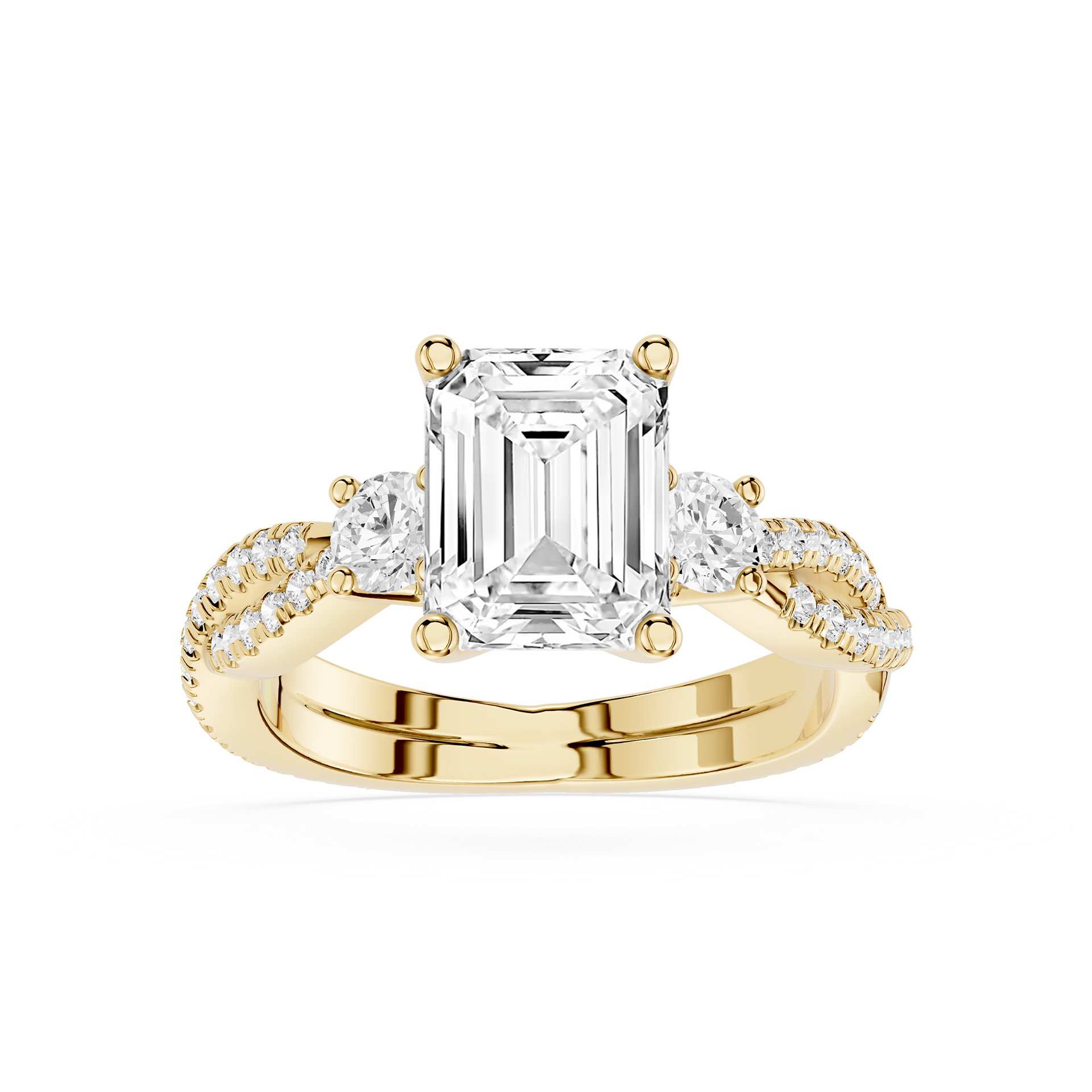Gold ring with a large emerald-cut diamond and smaller diamonds on a white background