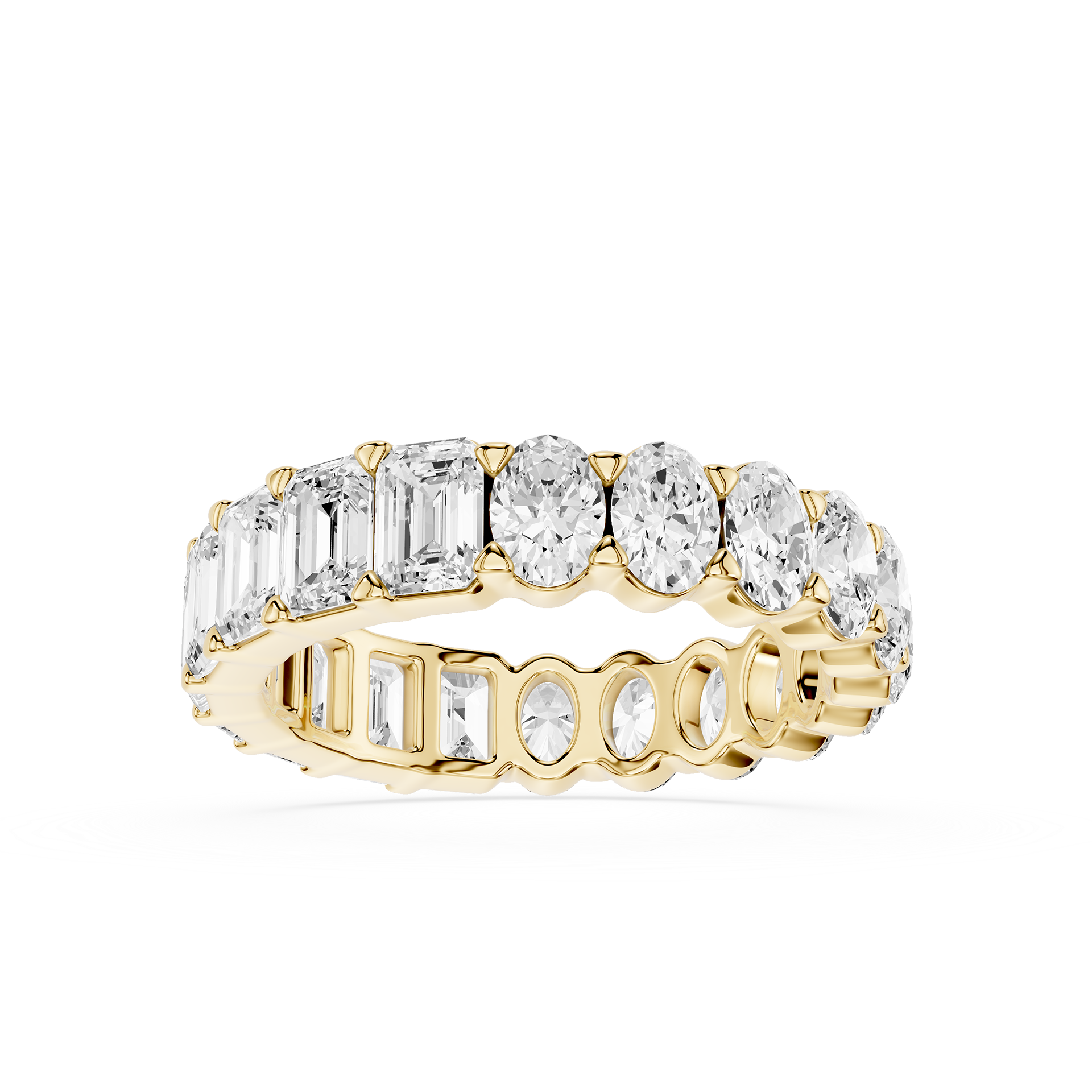 Gold ring with multiple diamonds on a white background