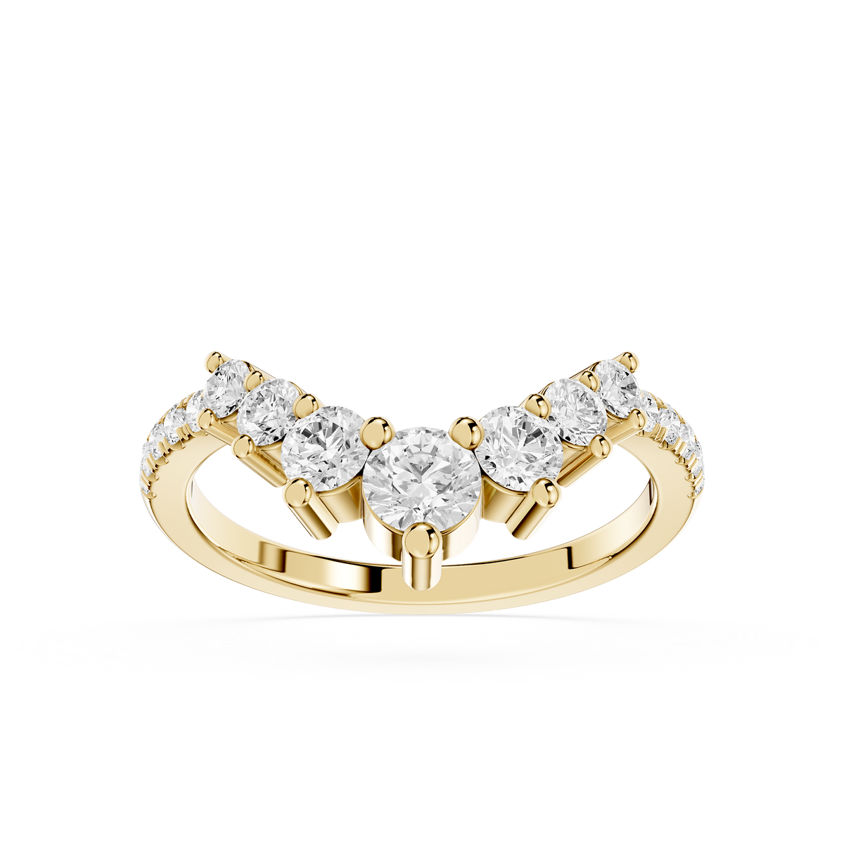 Graduated round lab grown diamond curved wedding band in yellow gold with shared prong setting, stacking ring for bridal jewelry collections