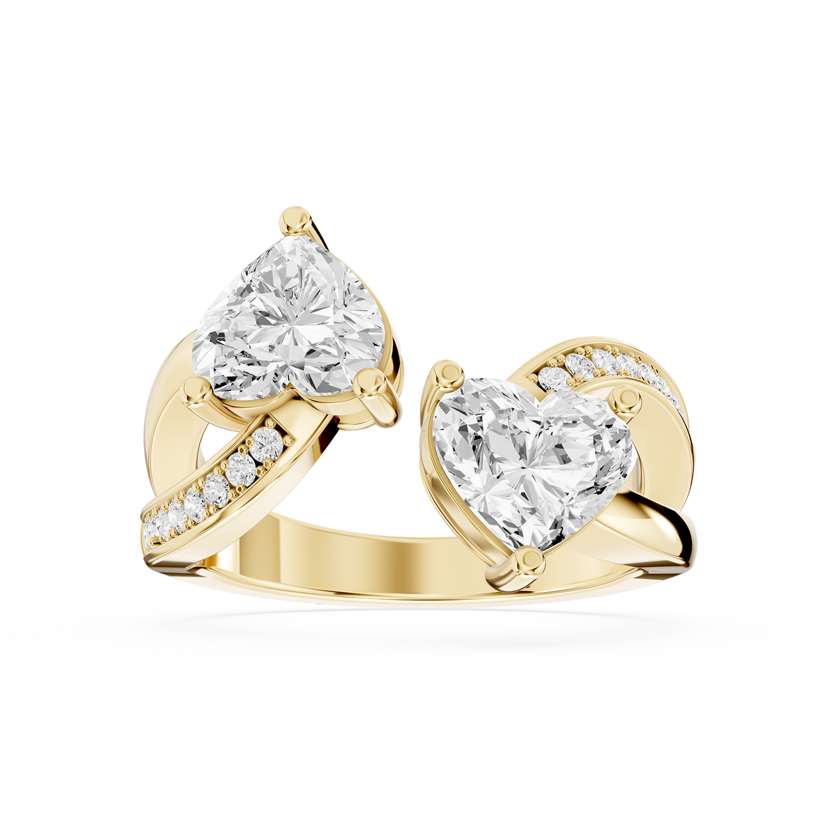 Yellow gold heart cut lab grown diamond Toi et Moi engagement ring featuring two heart diamonds and a pavé split shank mvp:YG:01