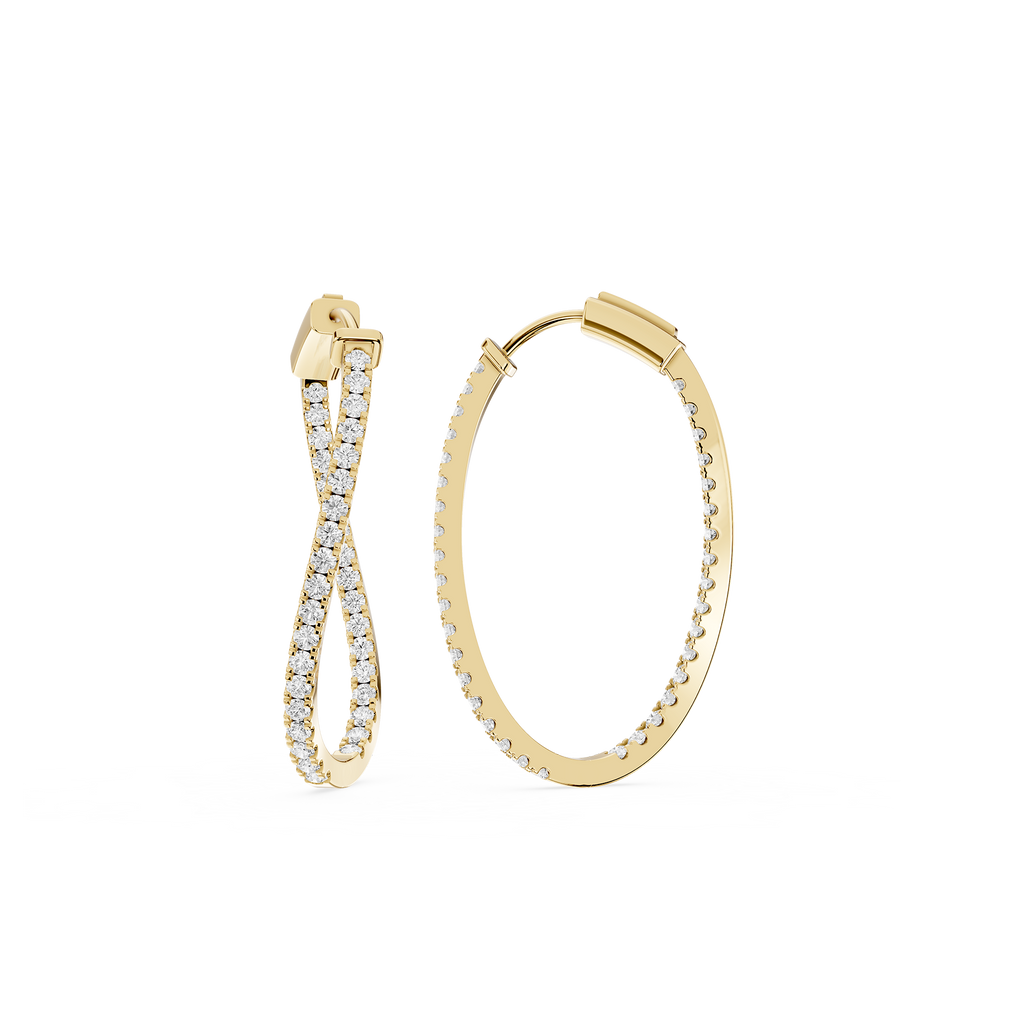 Gold hoop earrings with diamond accents on a white background