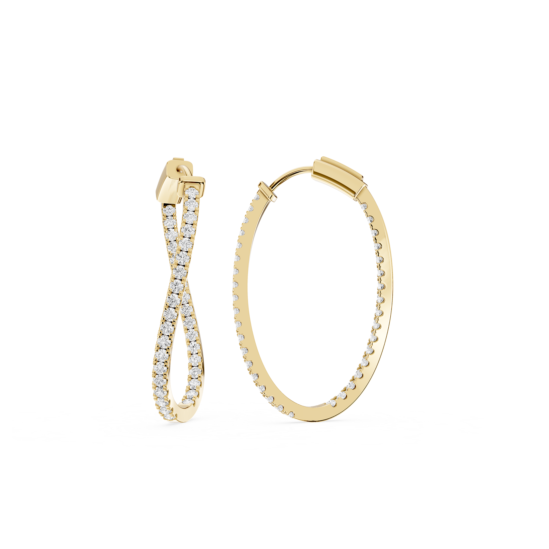 Gold hoop earrings with diamond accents on a white background