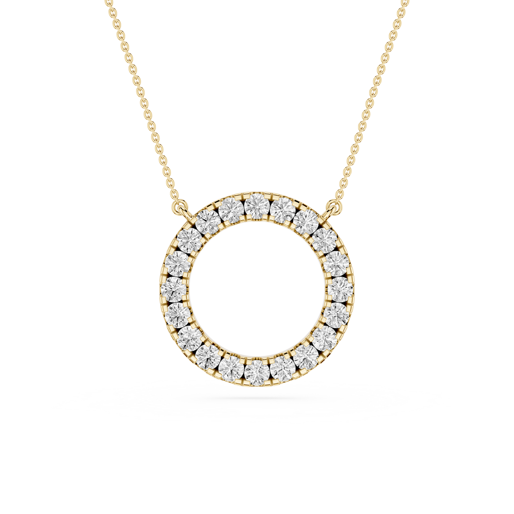 Gold necklace with a circular pendant featuring diamonds on a white background