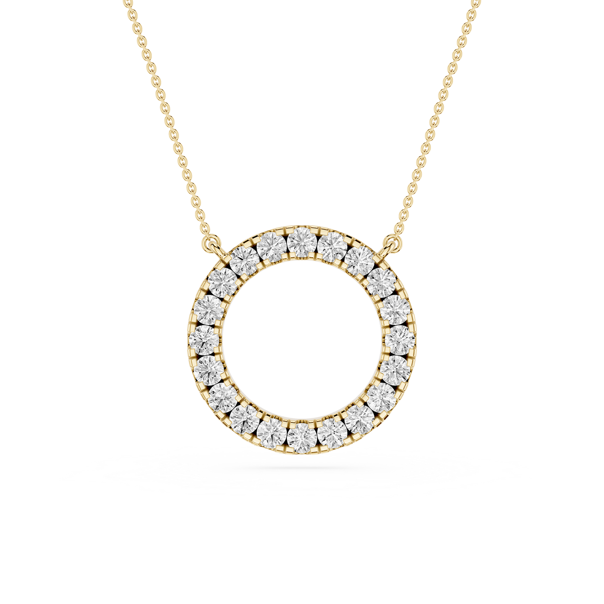 Gold necklace with a circular pendant featuring diamonds on a white background