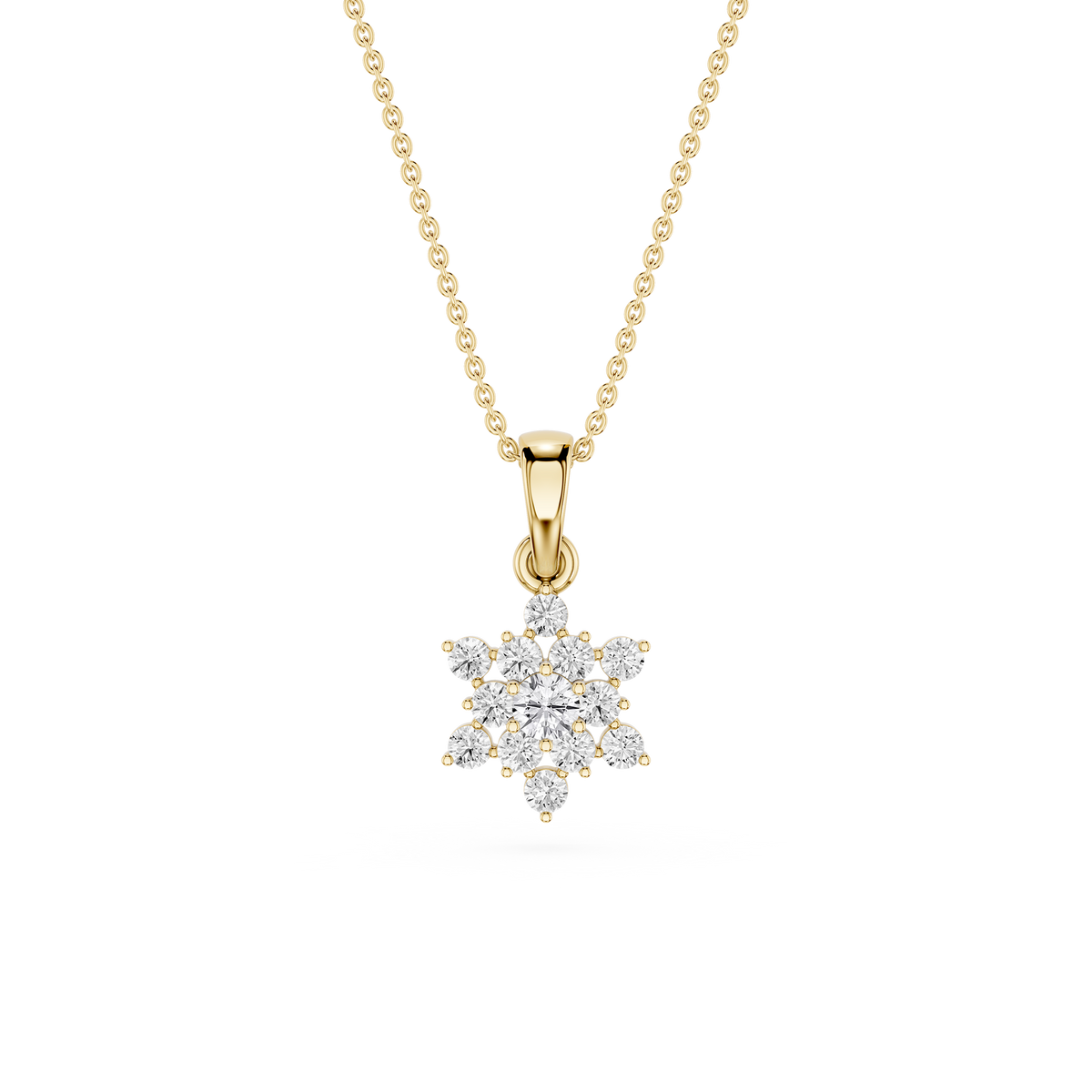Yellow Gold Lab Grown Diamond Floral Snowflake Pendant Necklace featuring a round diamond cluster in an intricate floral-inspired design. A sparkling statement pendant for women’s fine jewelry collections.