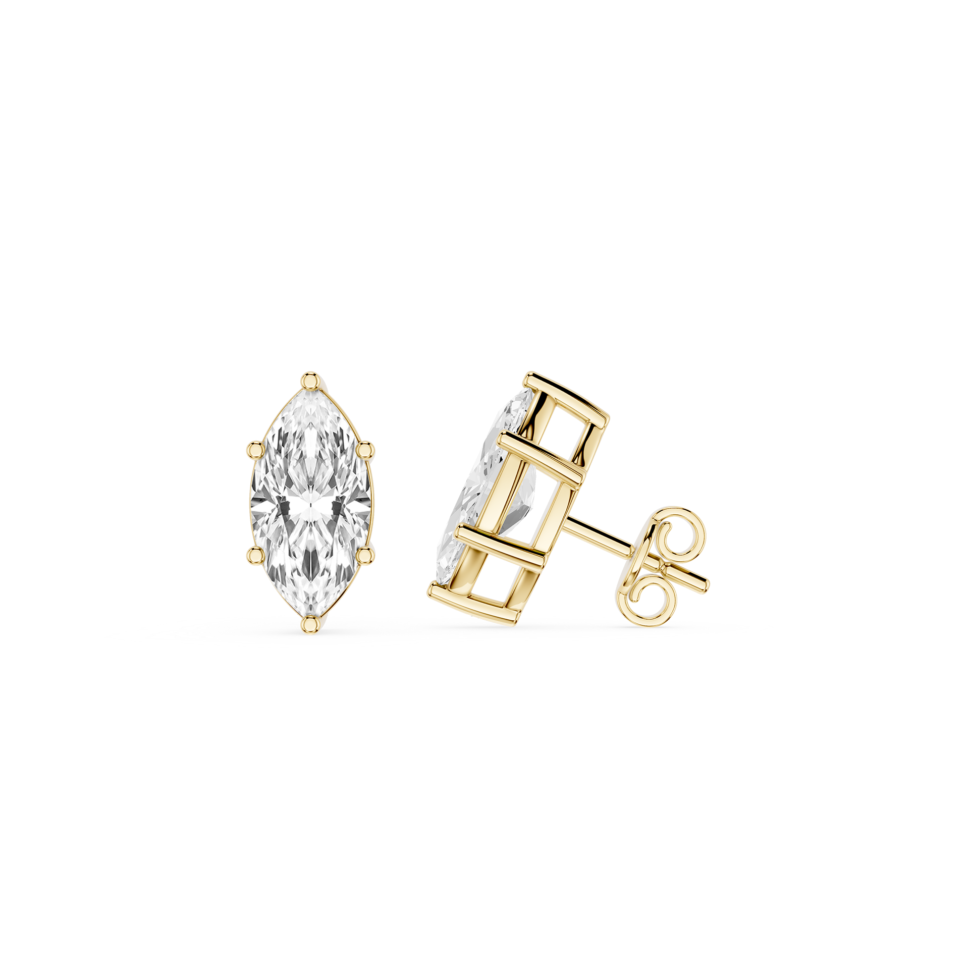 Gold earrings with clear gemstones on a white background