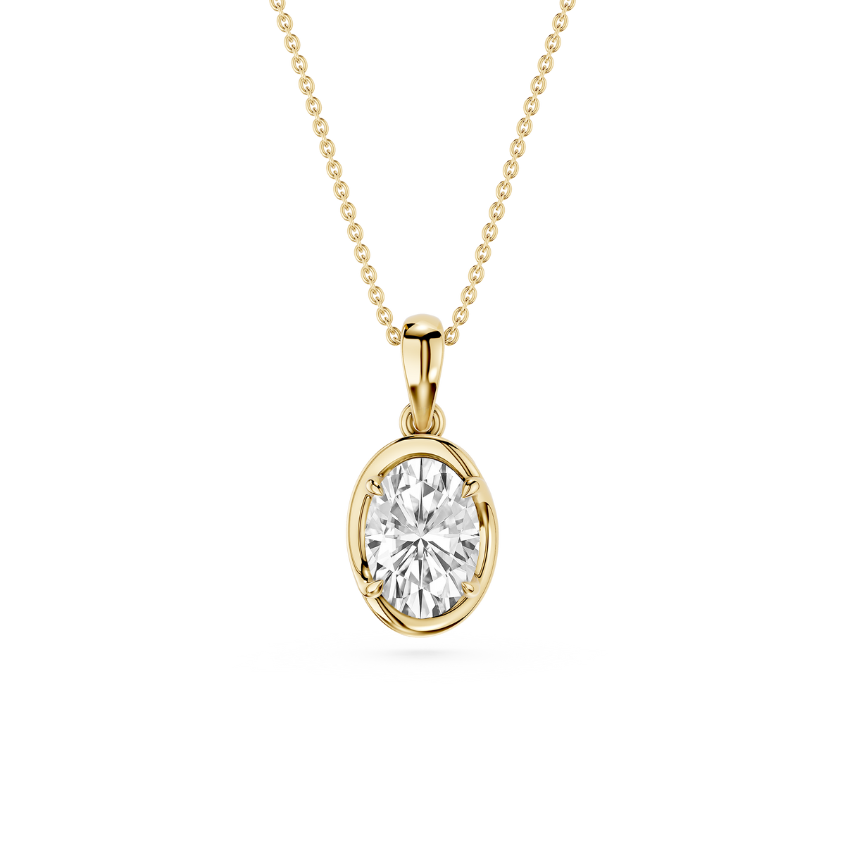 Gold necklace with a diamond pendant on a white background
