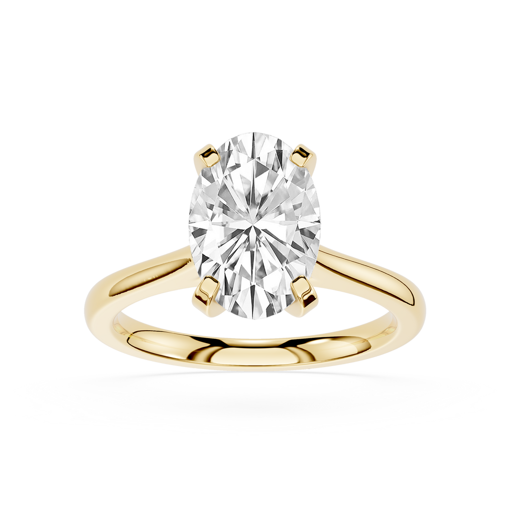 Gold ring with a large diamond on a white background