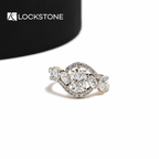 Yellow gold oval cut lab grown diamond engagement ring featuring smaller oval side stones and curved pavé diamond bands