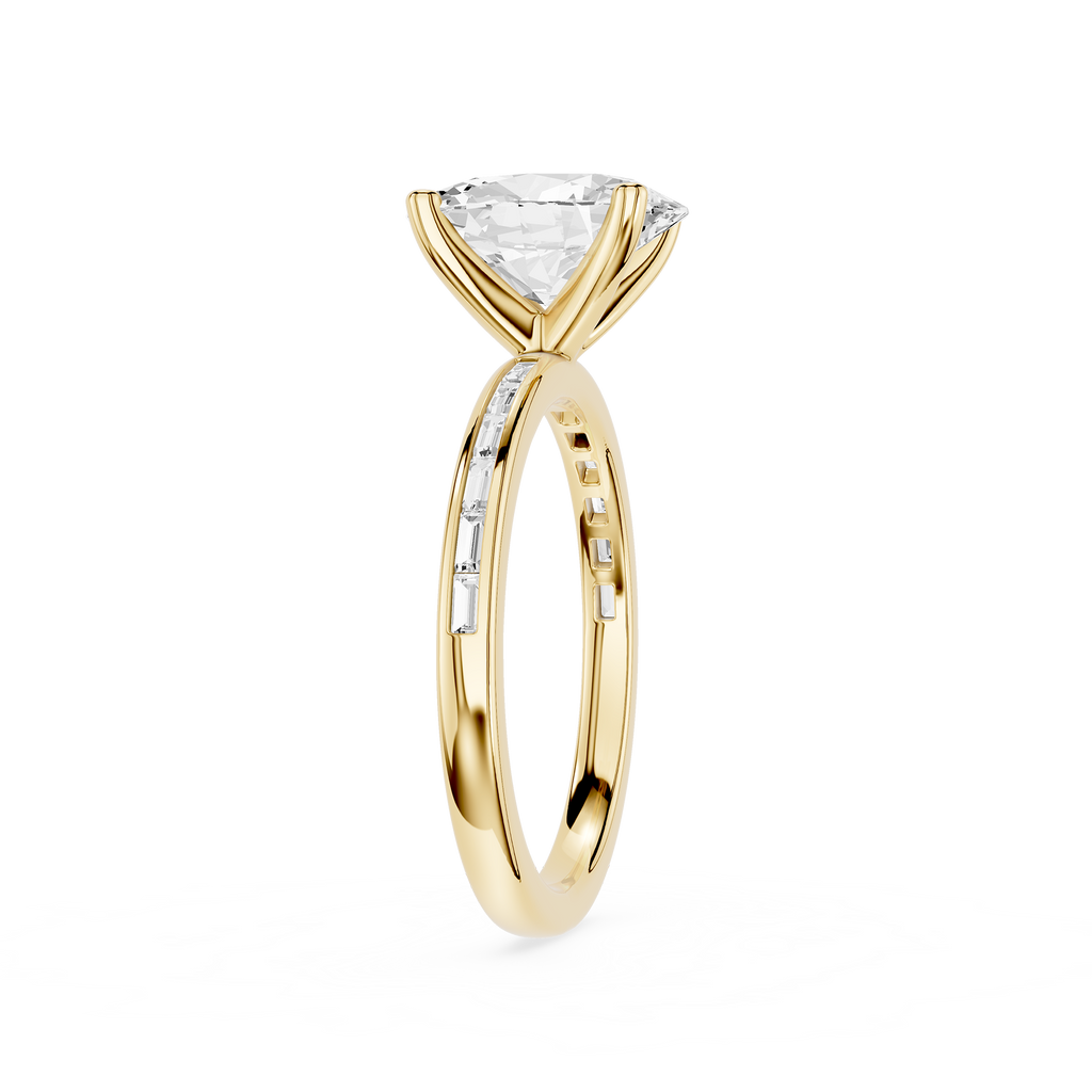 A yellow gold solitaire engagement ring featuring a triangular clear gemstone in a four-prong setting, with a shank accented by small channel-set diamonds, shown on a plain white background.