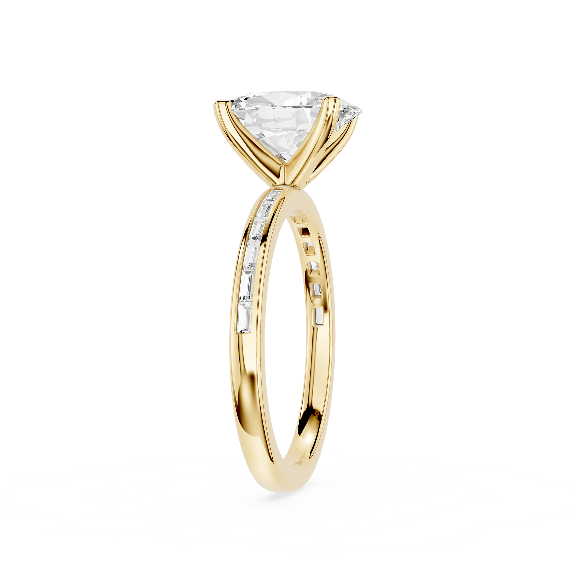 A yellow gold solitaire engagement ring featuring a triangular clear gemstone in a four-prong setting, with a shank accented by small channel-set diamonds, shown on a plain white background.