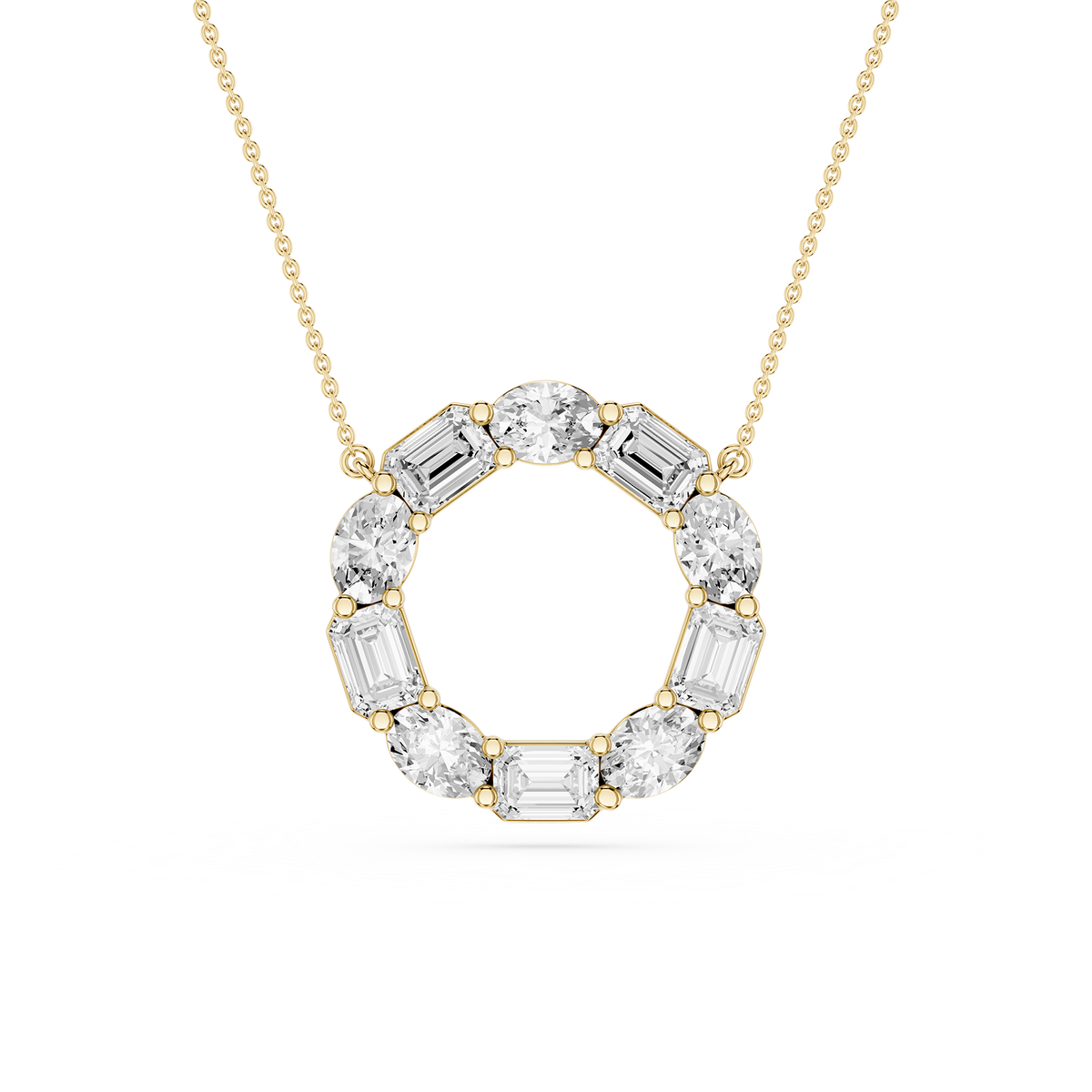 Gold necklace with a circular pendant featuring emerald-cut diamonds on a white background