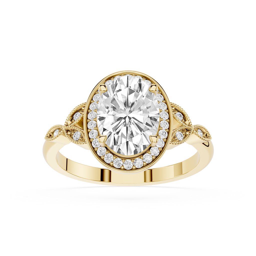 Gold ring with a large diamond and smaller diamonds on the band against a white background