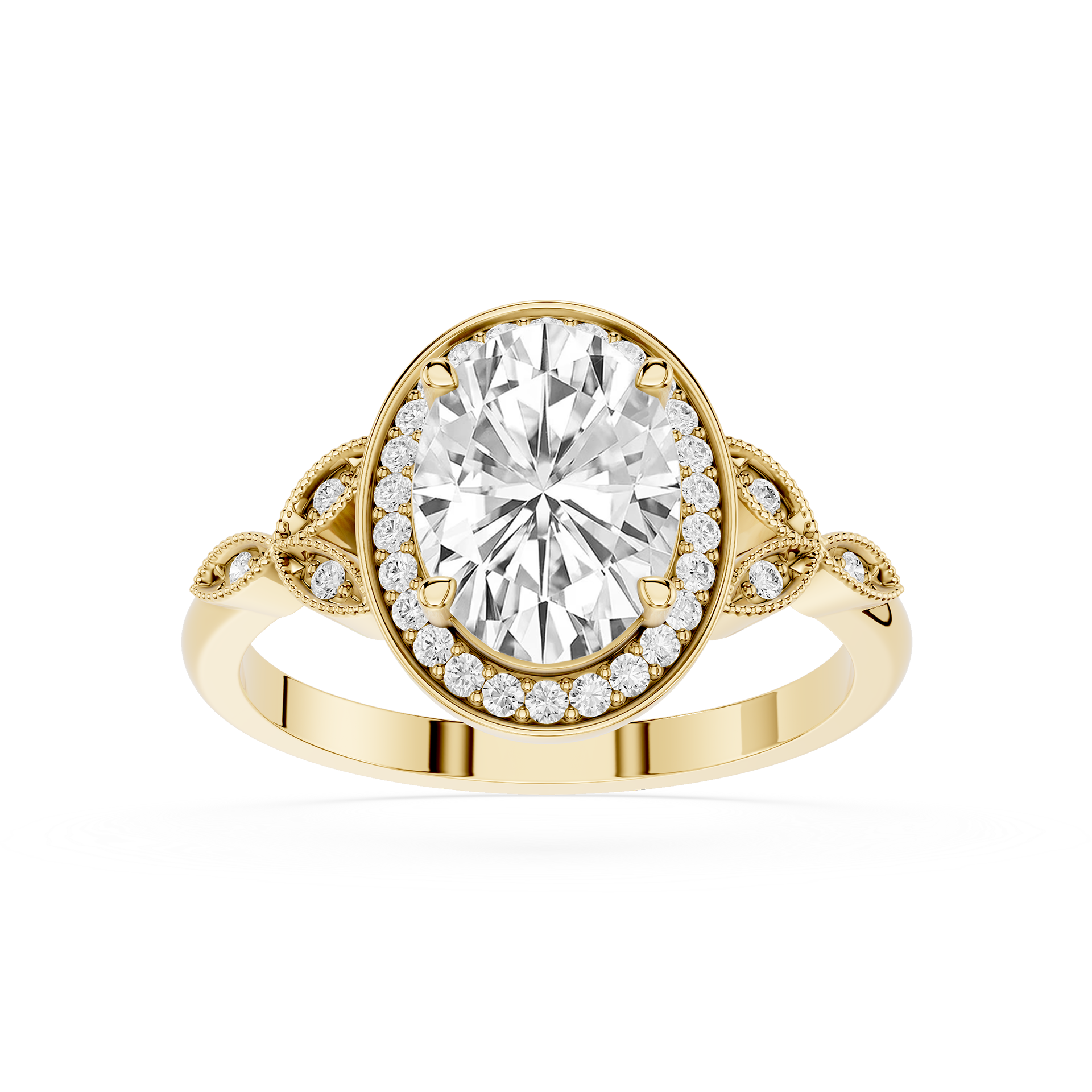 Gold ring with a large diamond and smaller diamonds on the band against a white background