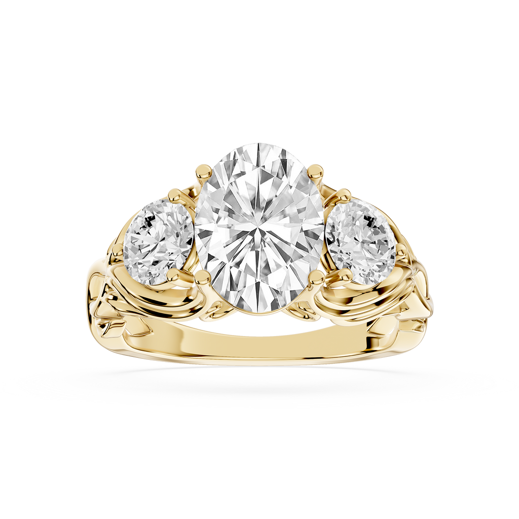 Gold ring with three diamonds on a white background
