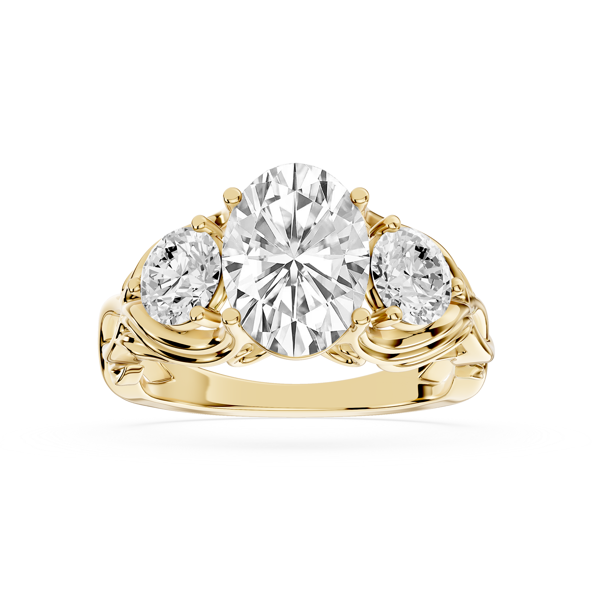 Gold ring with three diamonds on a white background