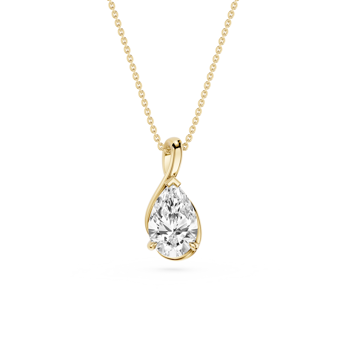 Gold necklace with a teardrop-shaped diamond pendant on a white background