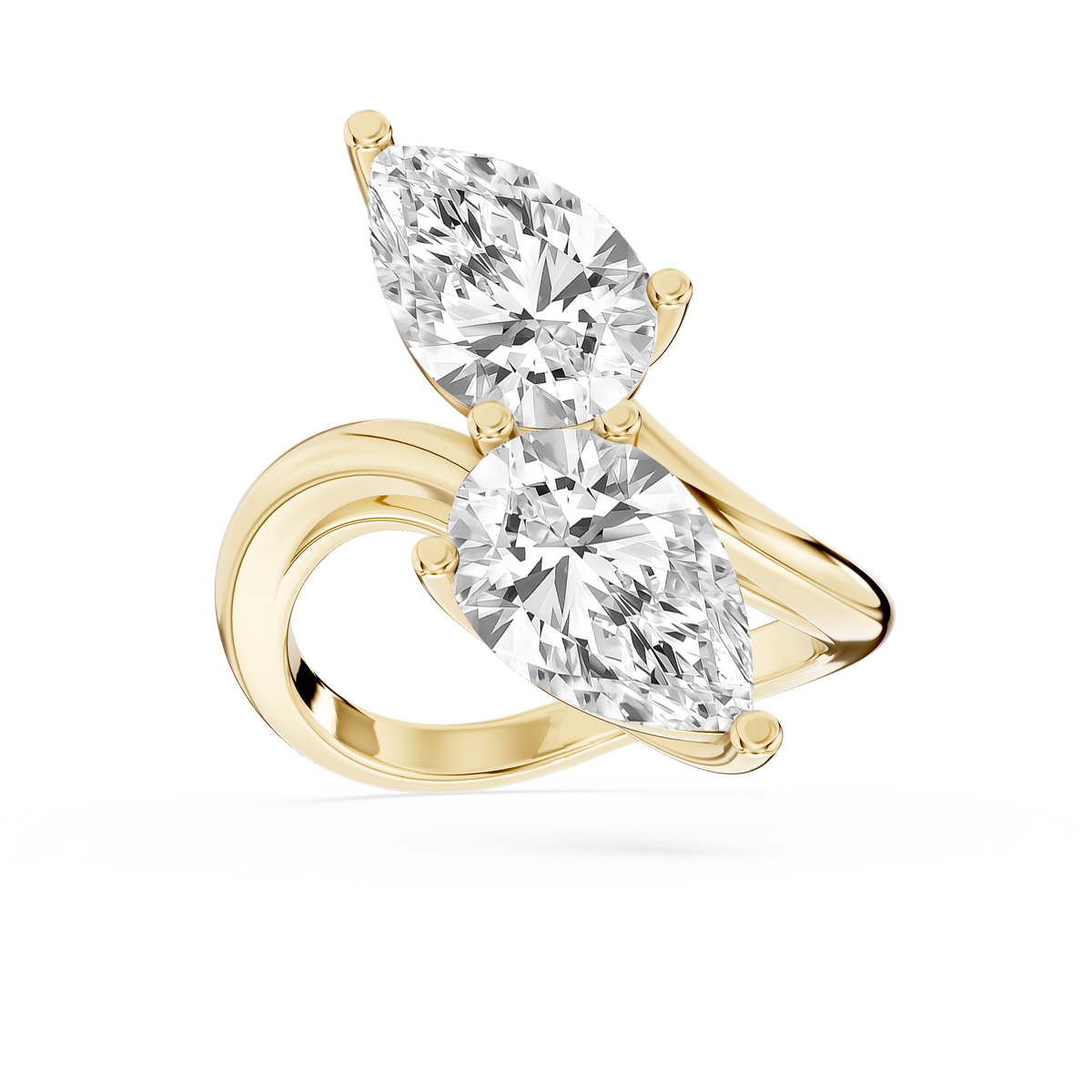 Yellow gold pear cut lab grown diamond Toi et Moi ring featuring two opposite facing stones on a polished bypass band