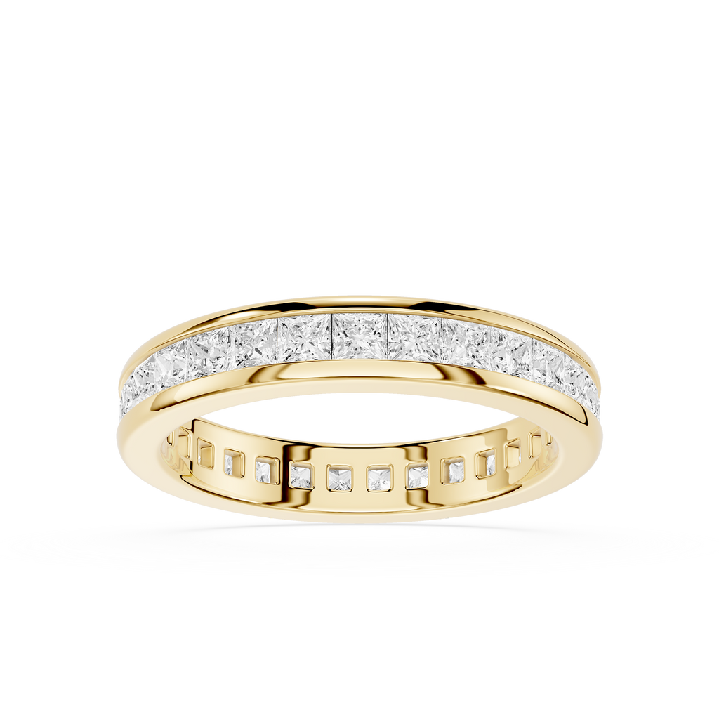 Gold ring with diamond accents on a white background