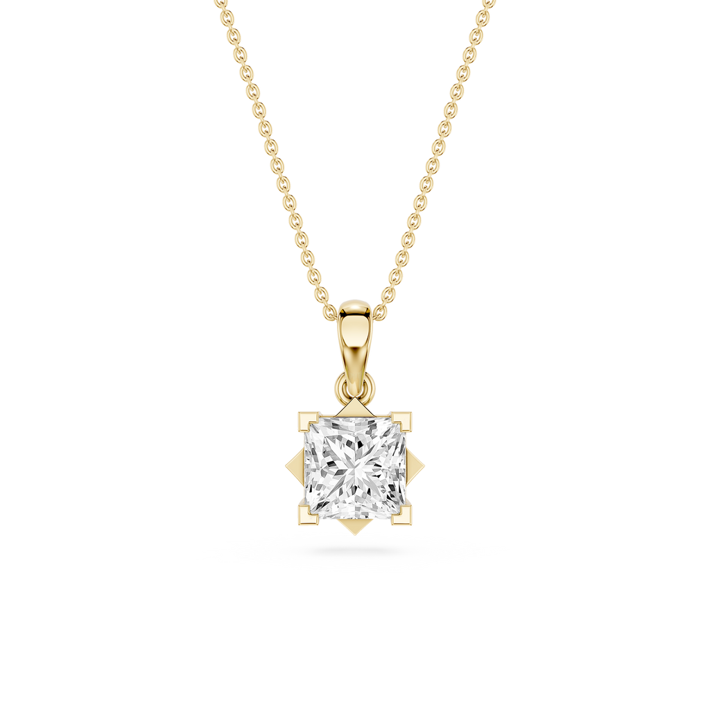Gold necklace with a diamond pendant on a white background