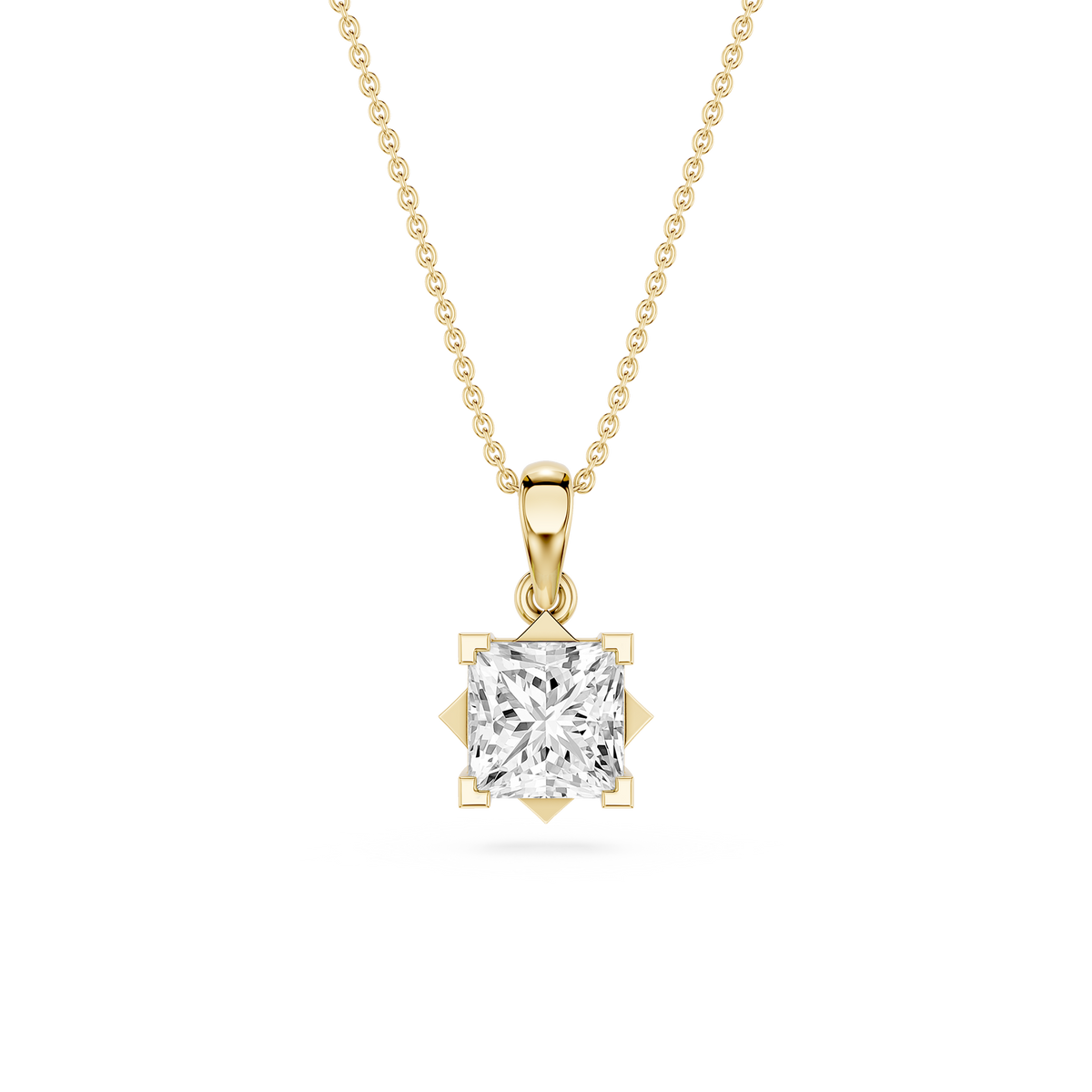 Gold necklace with a diamond pendant on a white background