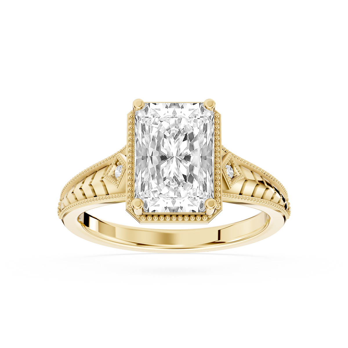 Yellow gold radiant cut lab grown diamond engagement ring featuring vintage filigree detailing and a milgrain border