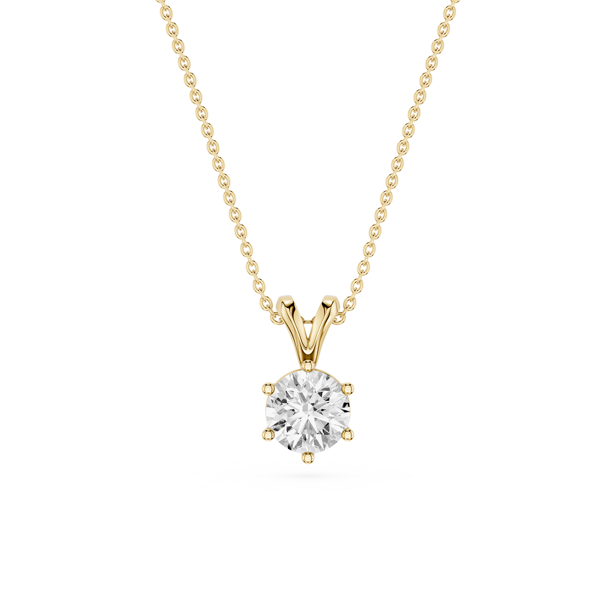 Gold necklace with a diamond pendant on a white background