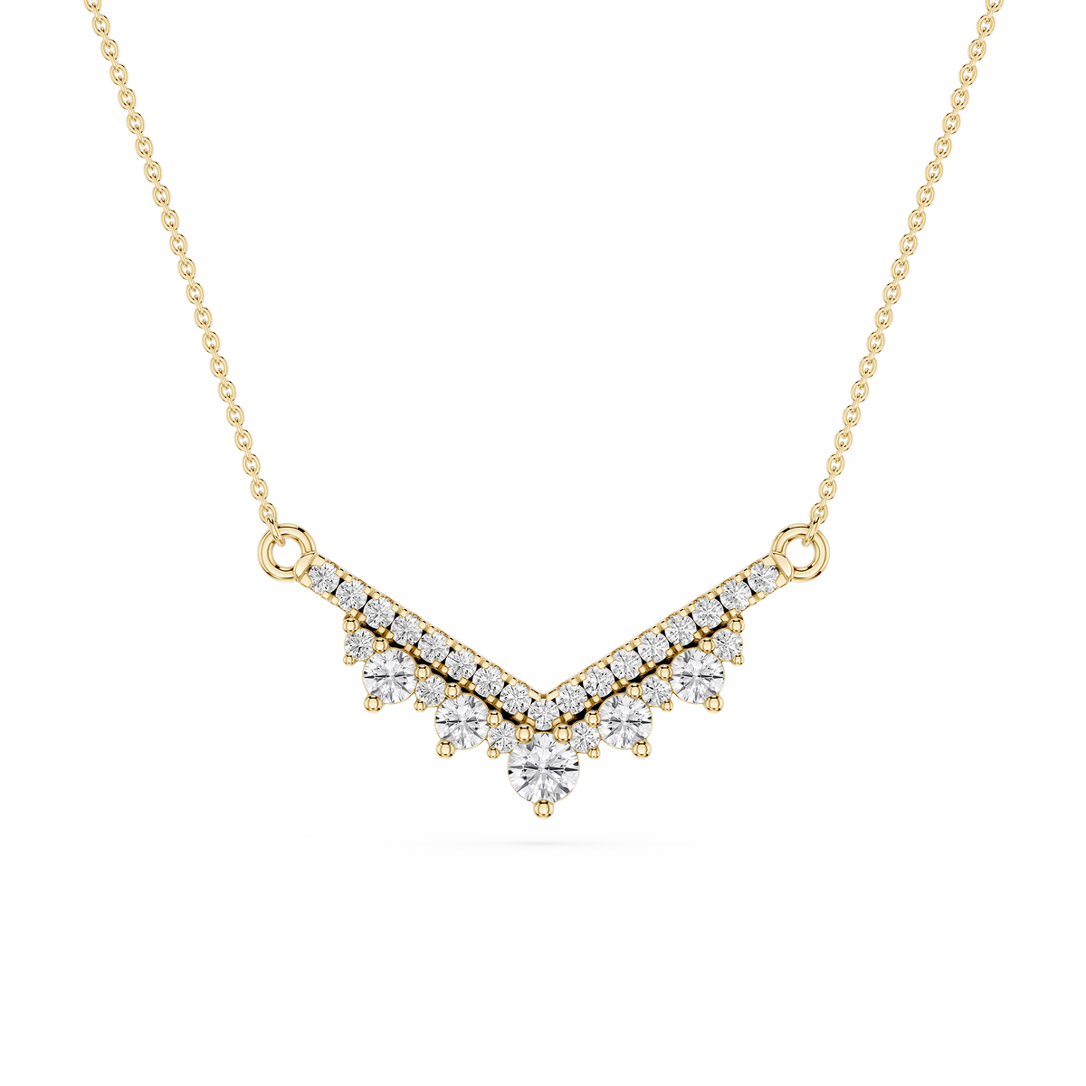 Yellow Gold Lab Grown Diamond Chevron Necklace featuring a V-shaped design with a sparkling round diamond center and pavé diamond accents.