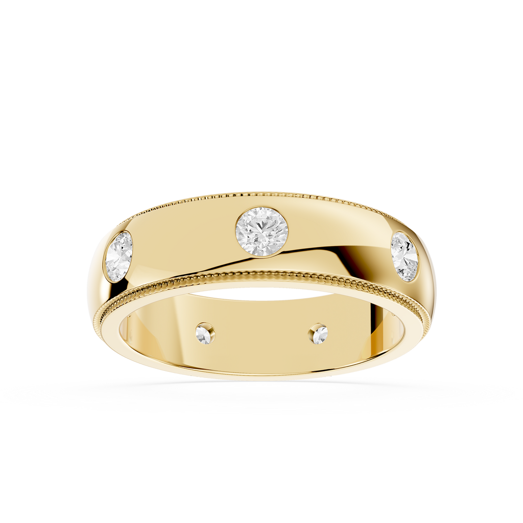 Gold ring with embedded diamonds on a white background