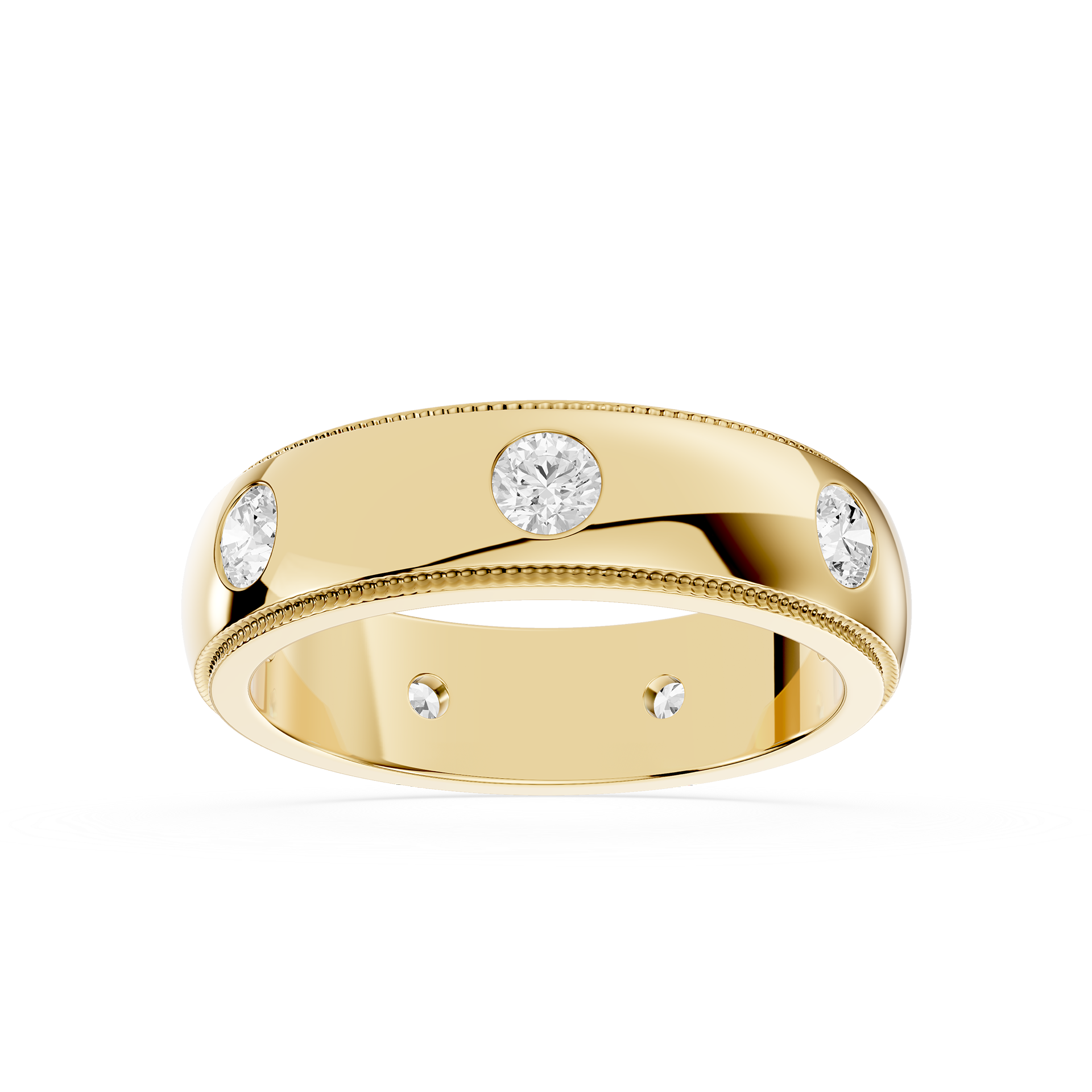 Gold ring with embedded diamonds on a white background