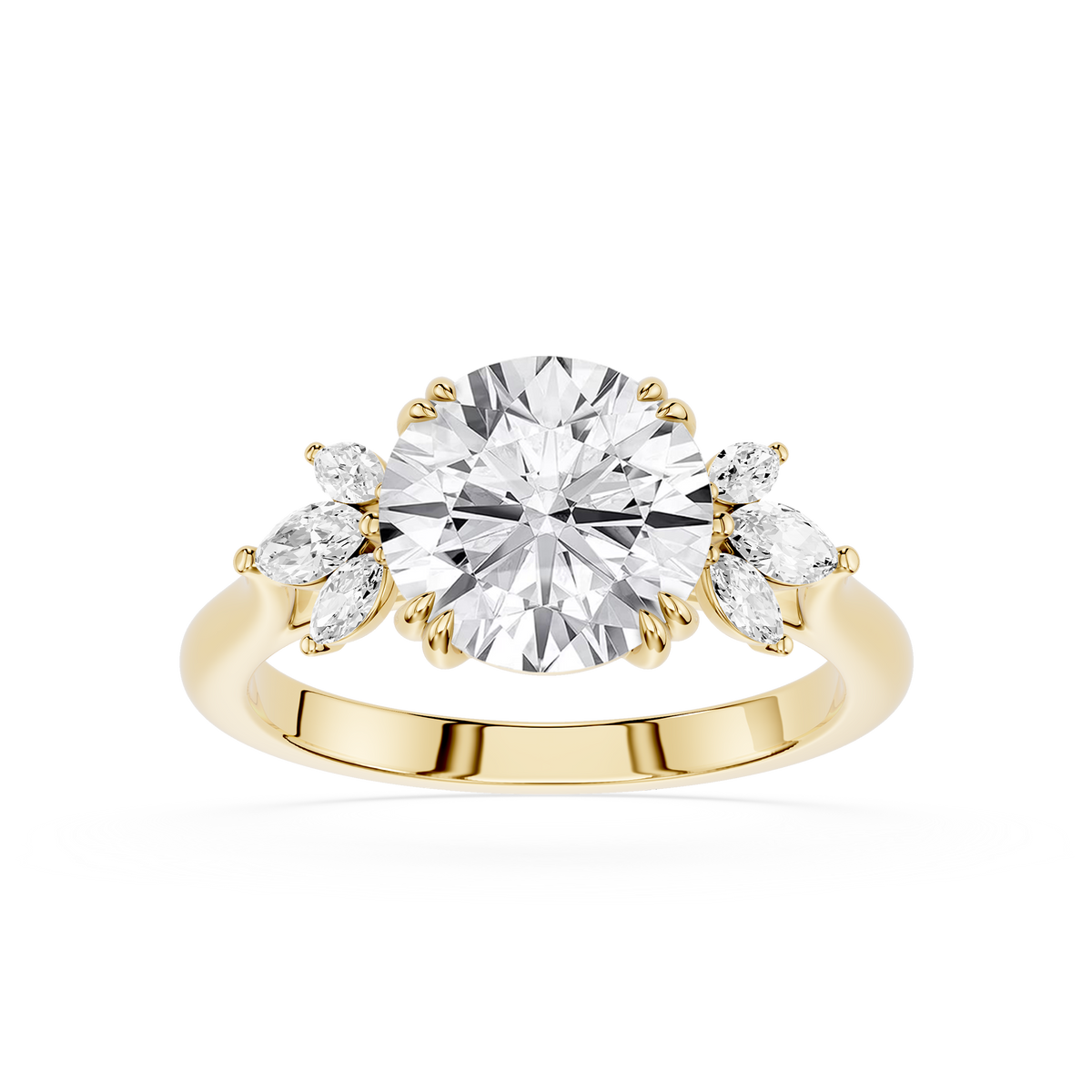 Yellow Gold Round Diamond Engagement Ring with Marquise Side Stones. Lab Created Diamond Ring, Wedding Ring for Women, Diamond Statement Ring, Luxury Bridal Jewelry, Anniversary Gift.