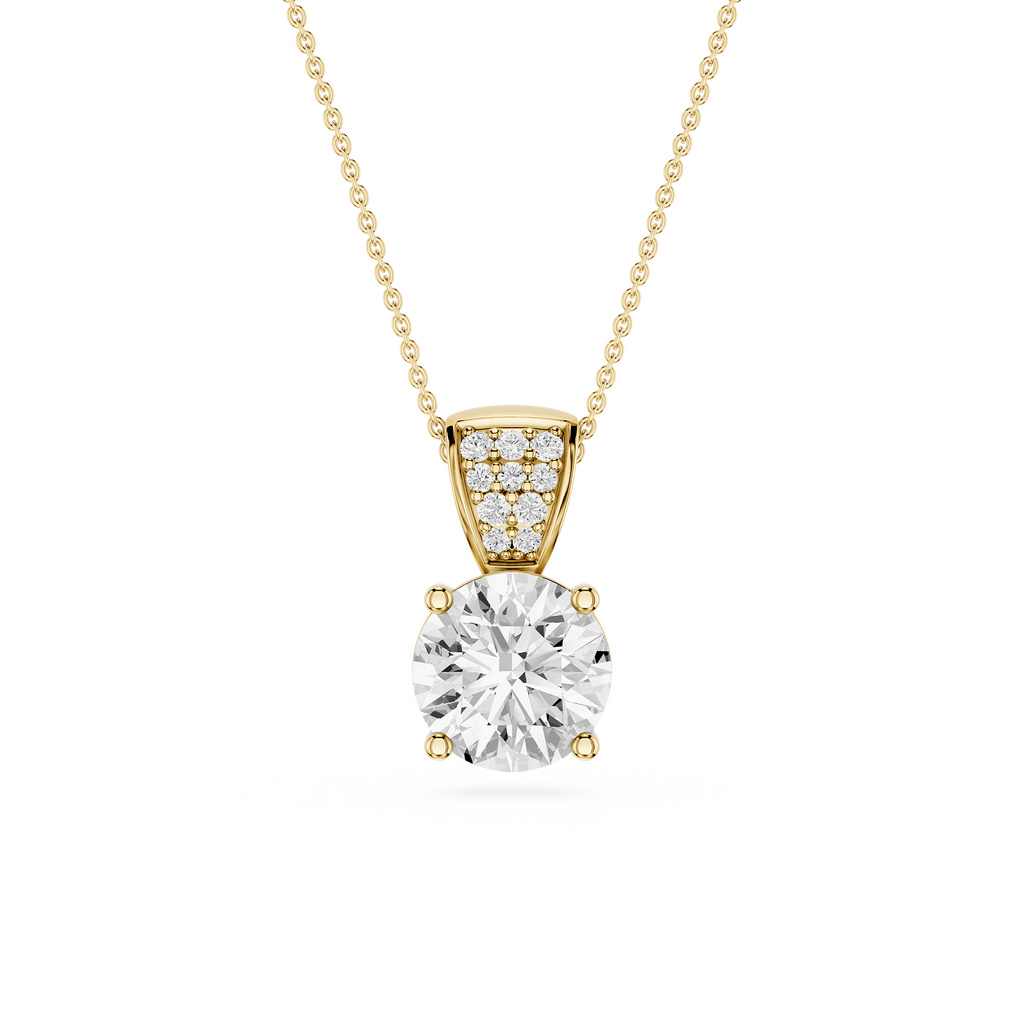 Gold necklace with a diamond pendant on a white background