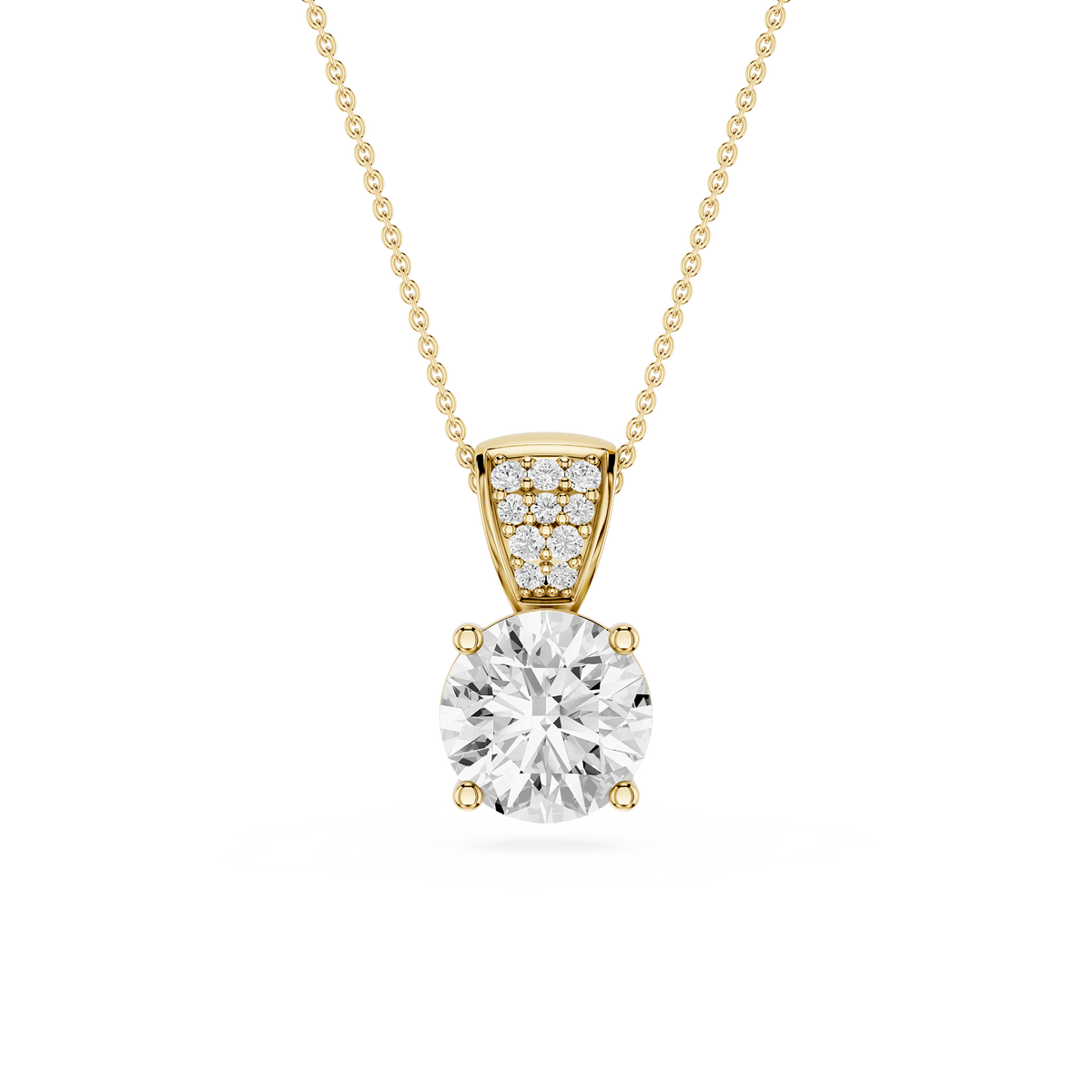 Gold necklace with a diamond pendant on a white background