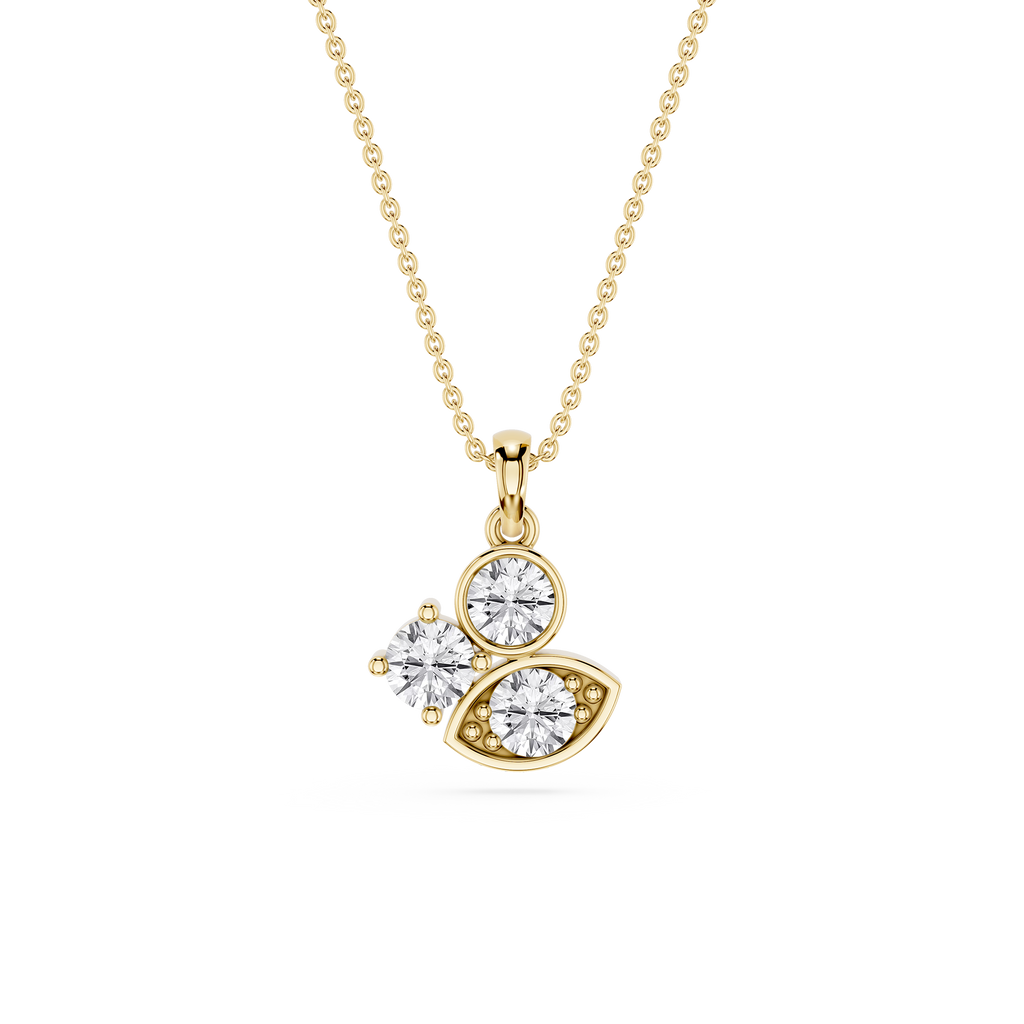 Gold necklace with a diamond pendant on a white background