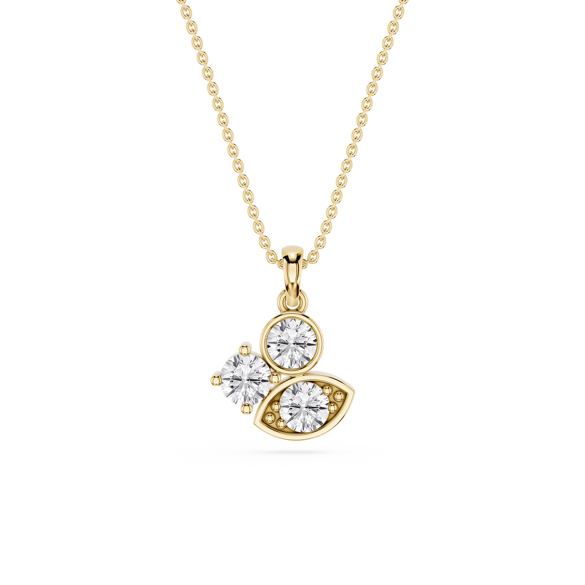 Gold necklace with a diamond pendant on a white background