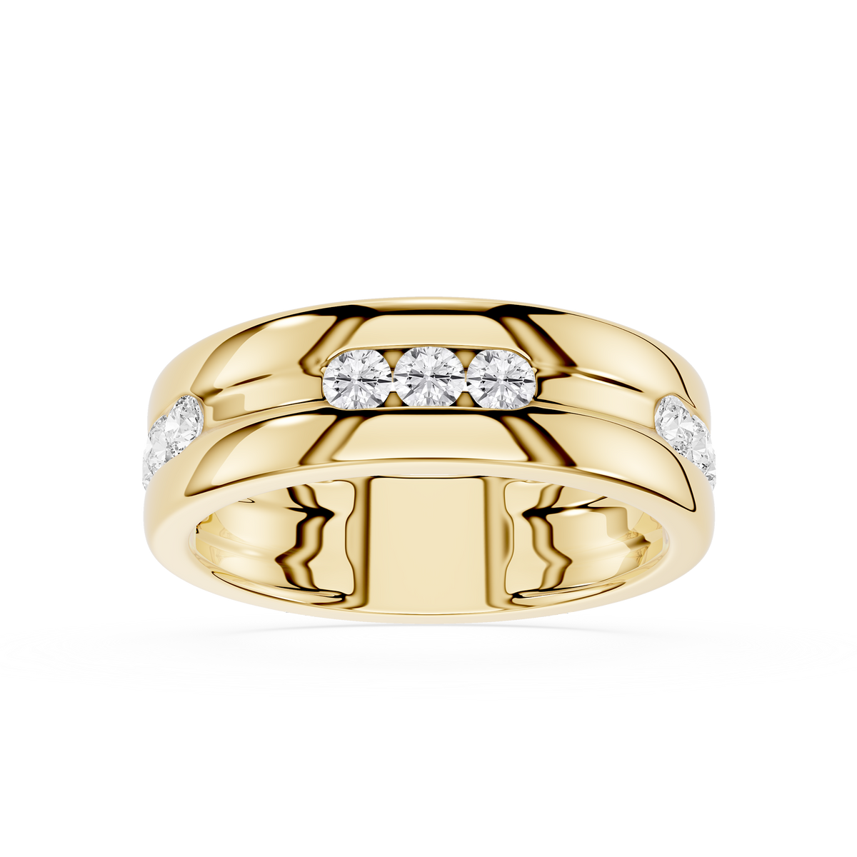 Front View Of Yellow Gold Round Cut Lab Grown Diamond Flush Set Men’s Wedding Band