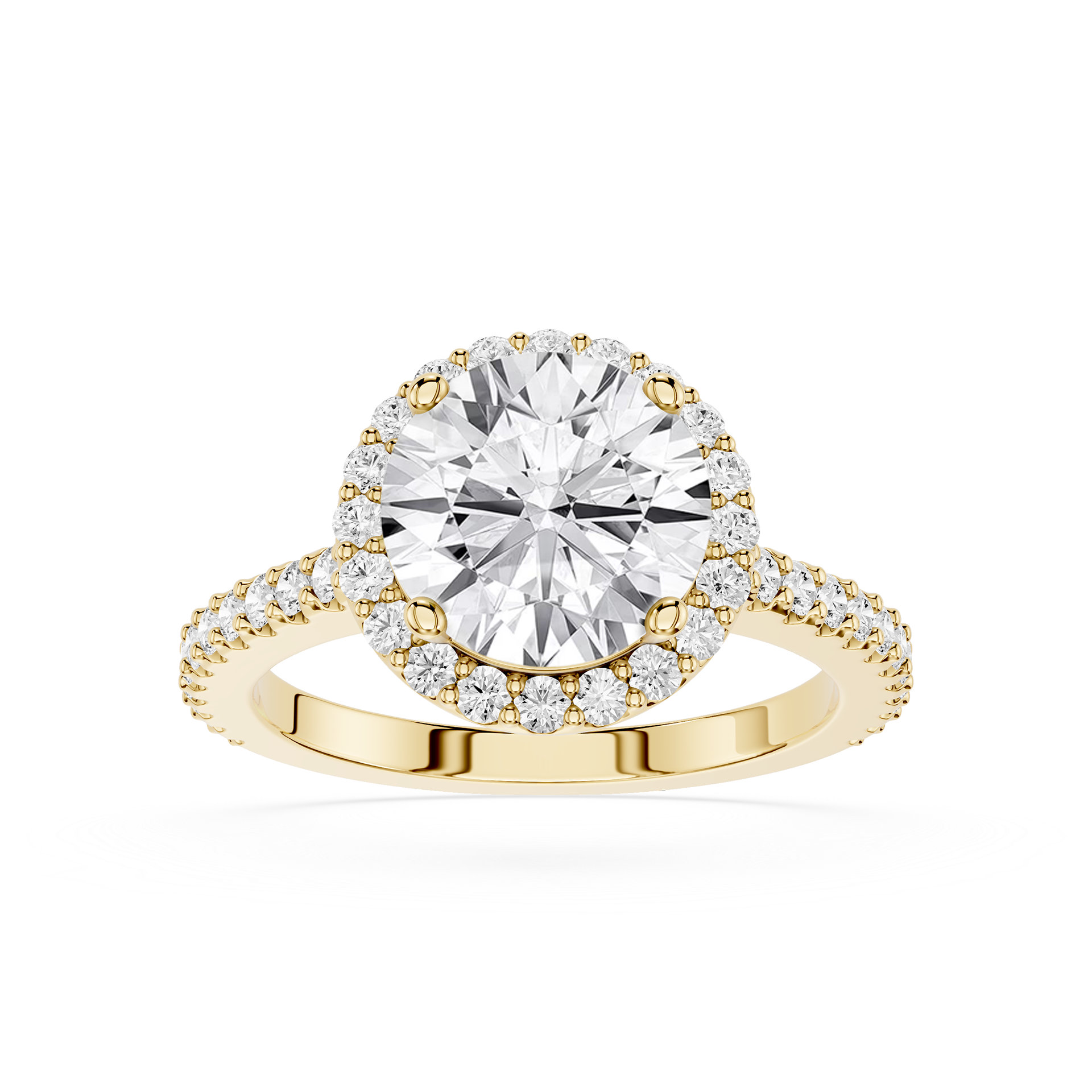 Gold ring with a large diamond and smaller diamonds on the band against a white background