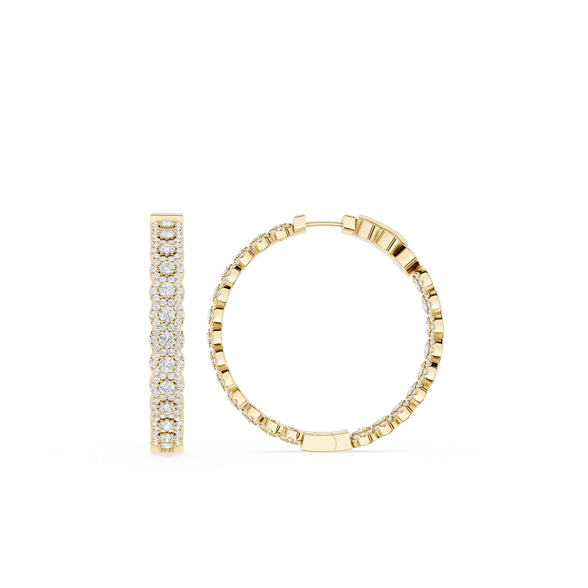 Gold hoop earrings with embedded stones on a white background