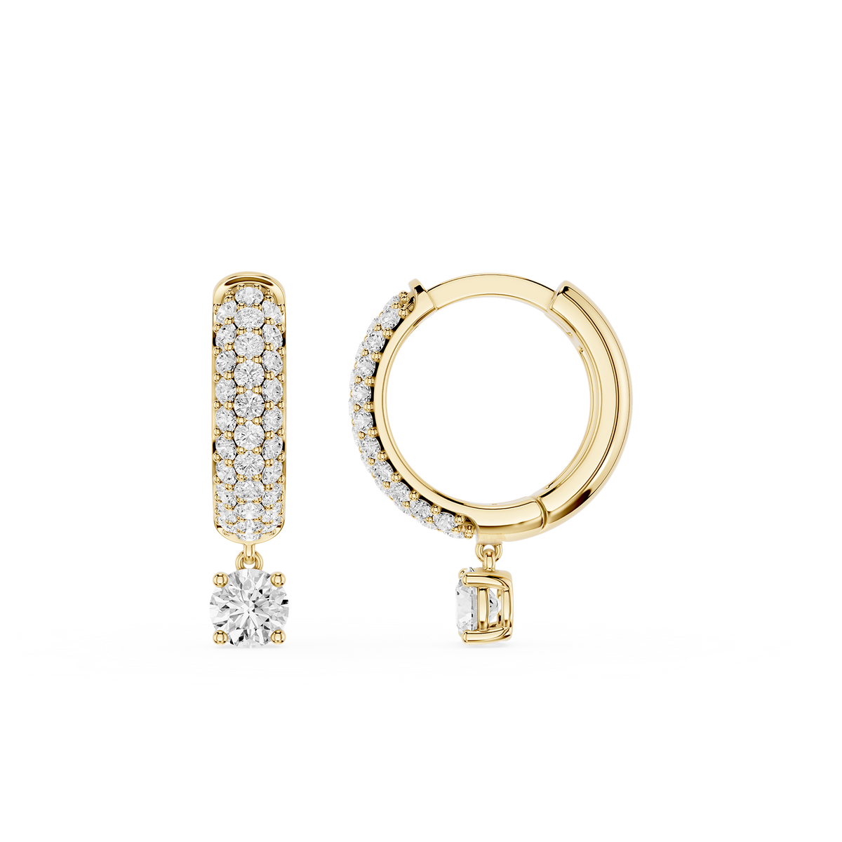 Gold hoop earrings with embedded diamonds on a white background