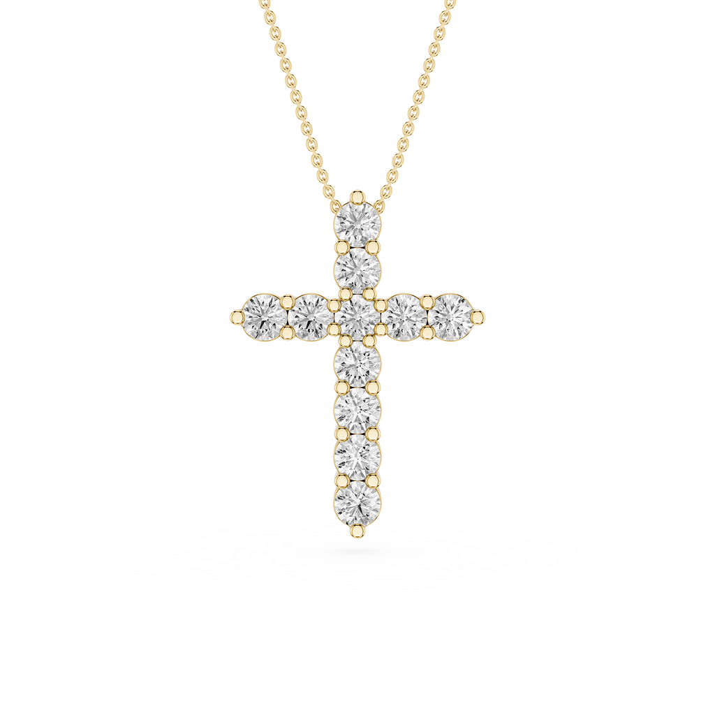 Gold cross pendant necklace with diamonds on a white background