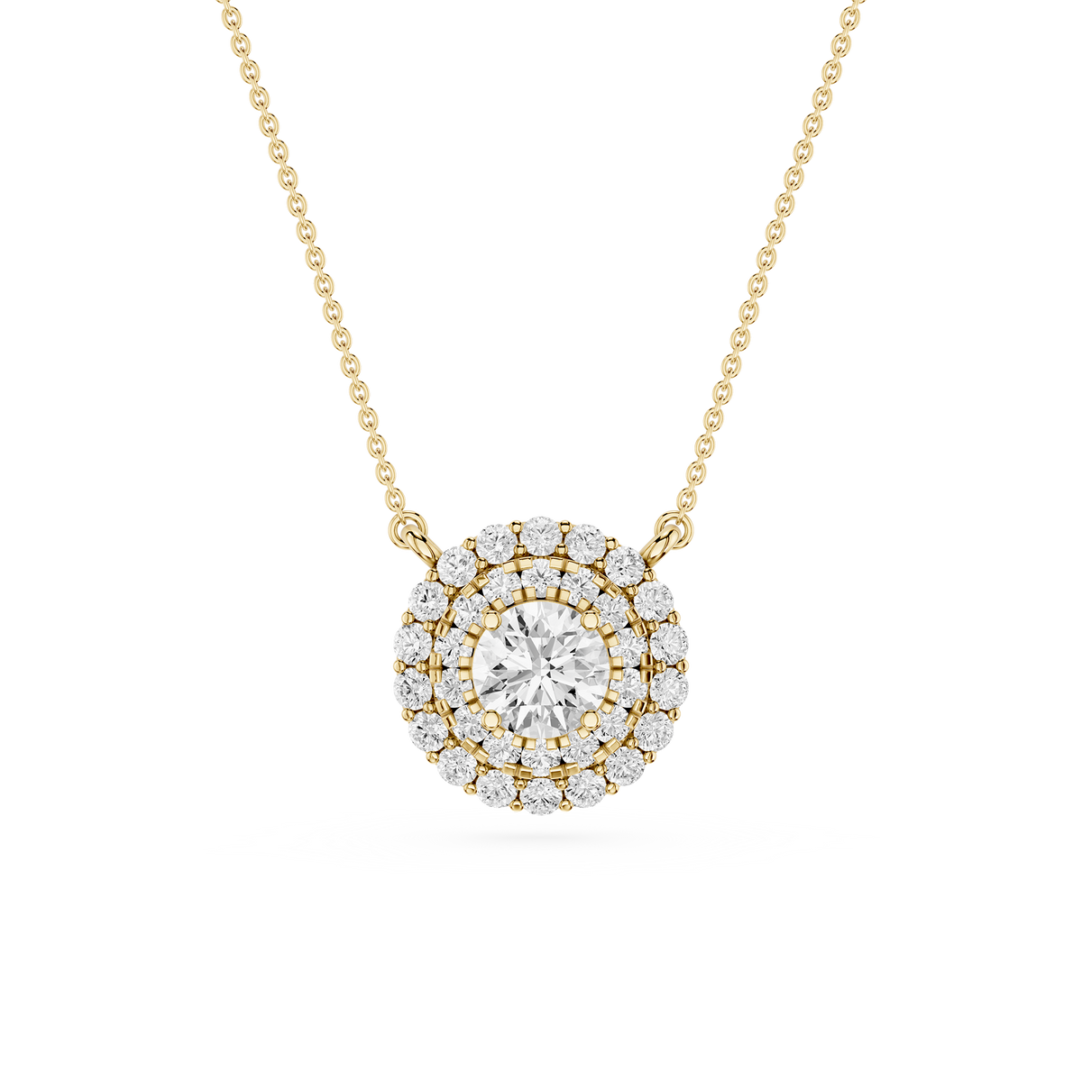 Gold necklace with a diamond pendant on a white background
