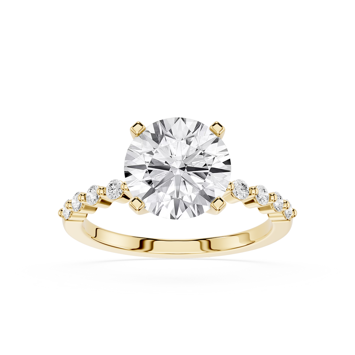 Round Lab Grown Diamond Engagement Ring in Yellow Gold with Pave Accent Diamonds and Four Prong Solitaire Setting