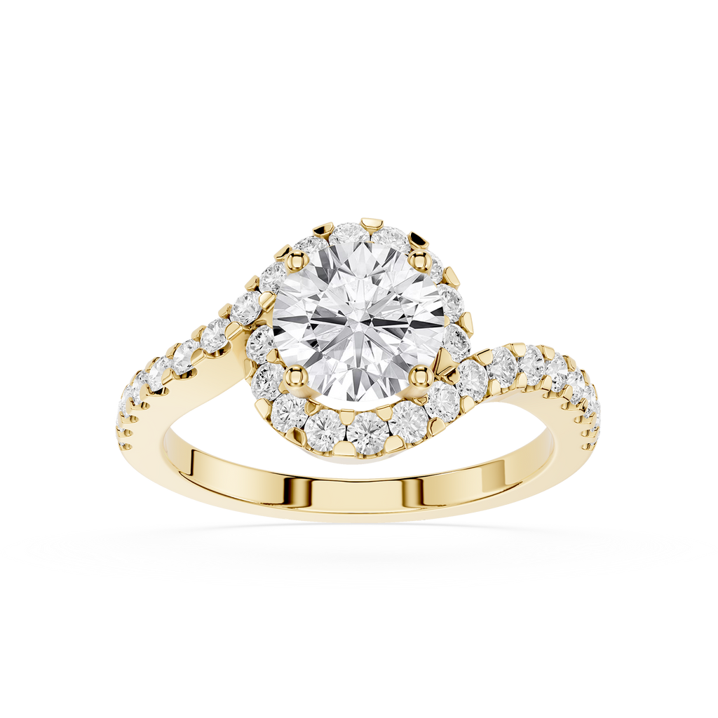 Gold ring with a large diamond and smaller diamonds on a white background